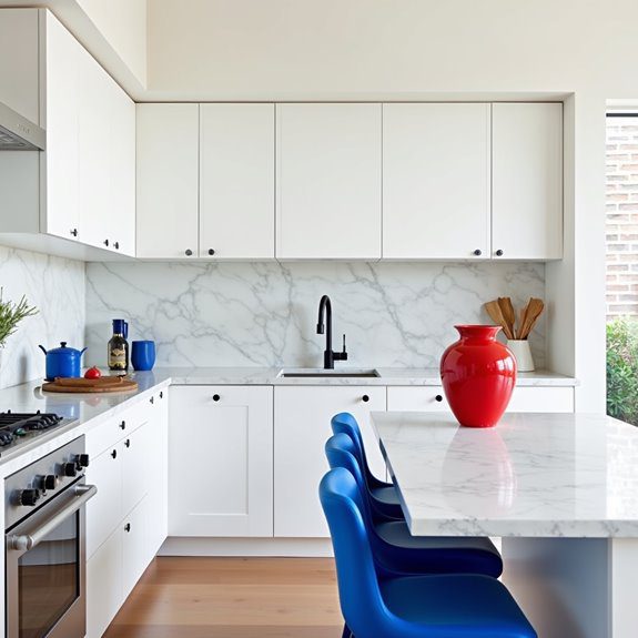 vibrant accents enhance white kitchens