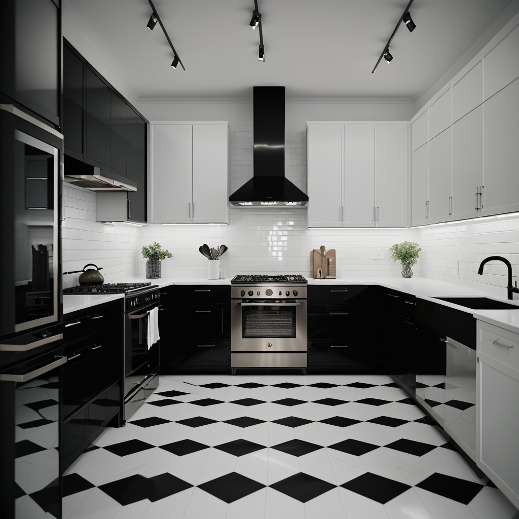 Black and white kitchen floor with contrasting black appliances