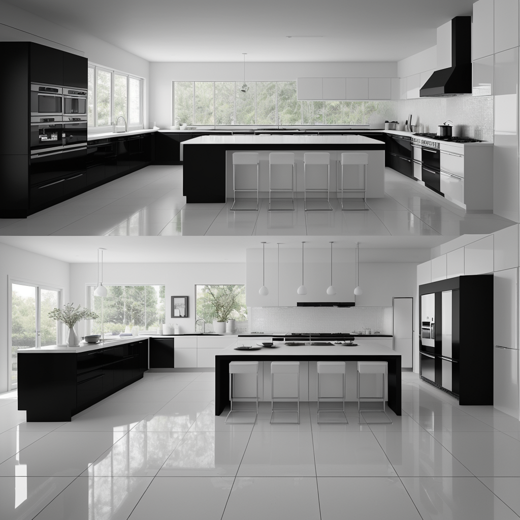 Black and white kitchen floor with white tiles