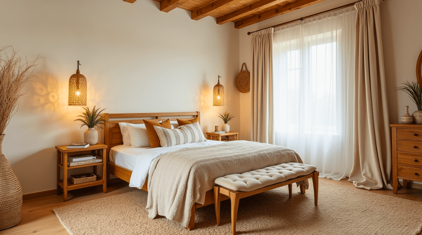 Boho bedroom with natural wood furniture, jute rugs, and linen curtains.