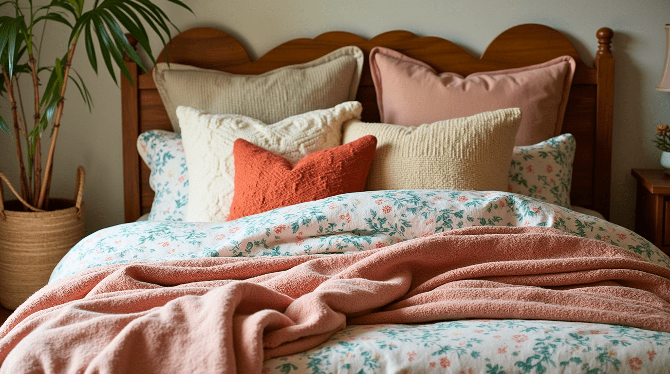 Boho bedroom with eclectic bedding, throw blankets, and textured pillows.