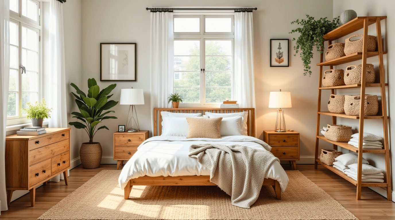 Innovative storage solutions in a boho bedroom with decorative baskets and open shelving.