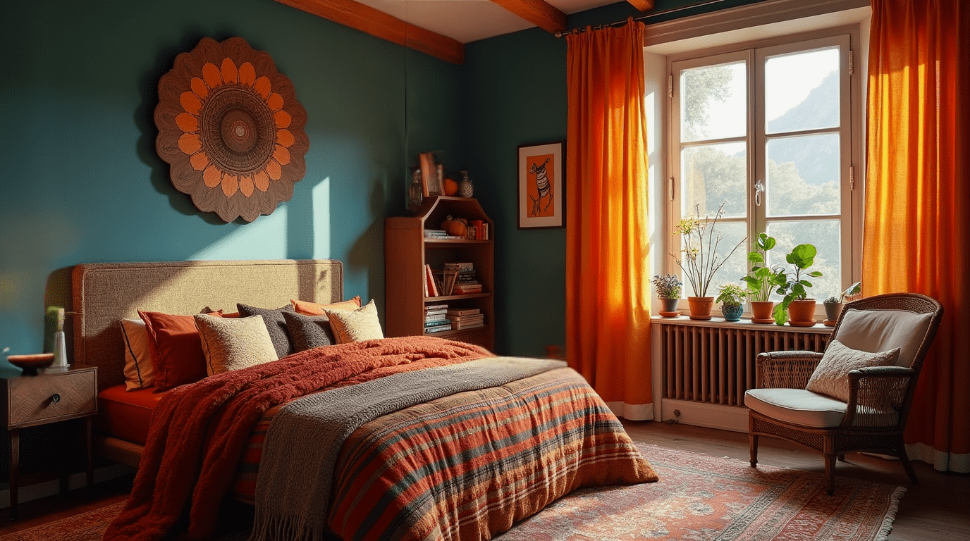 Boho bedroom with a harmonious color palette of rich jewel tones and warm neutrals.