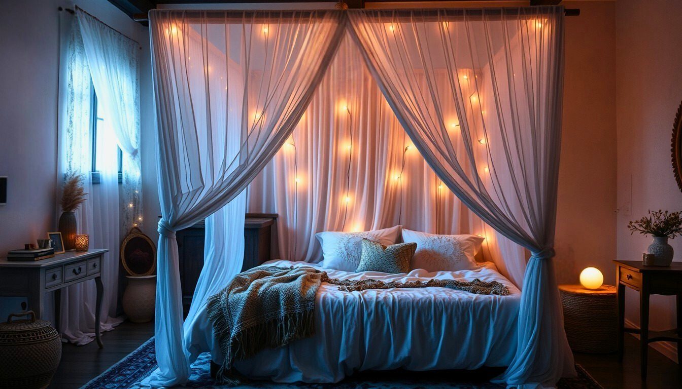 Dreamy boho bedroom with a canopy bed and flowing sheer fabrics.
