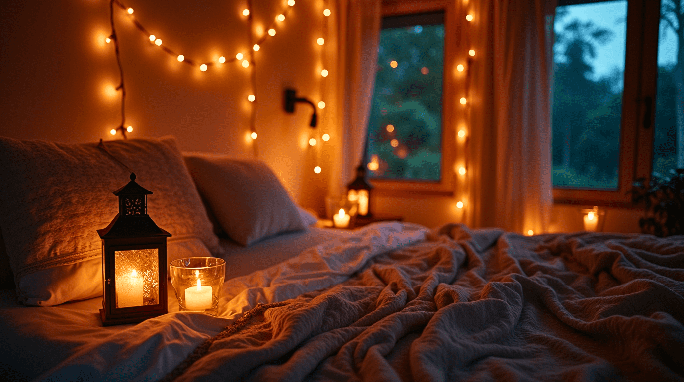 Boho bedroom at night with soft ambient lighting from lanterns and candles.