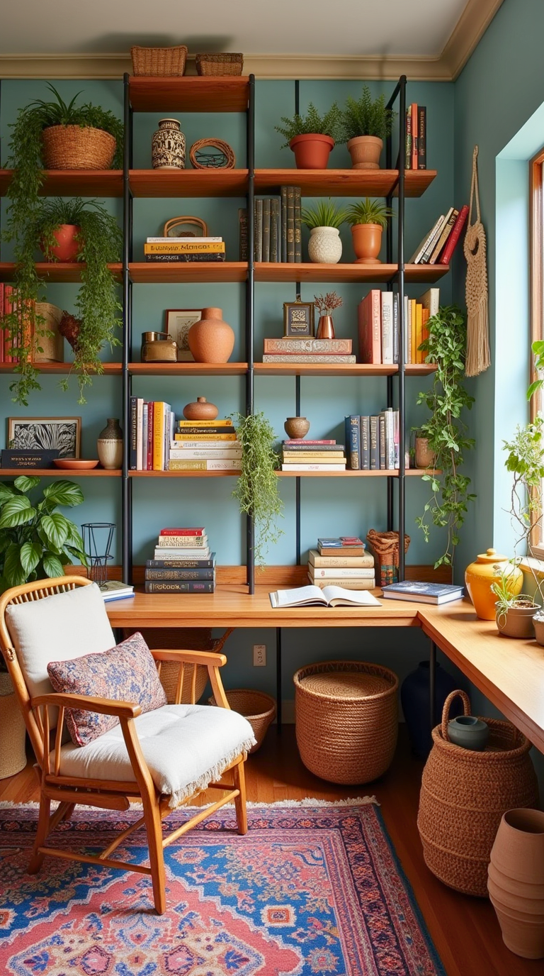 Boho chic home office library with eclectic décor and vibrant textures