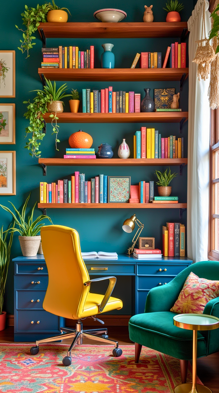 Colorful home office library with vibrant décor and accents