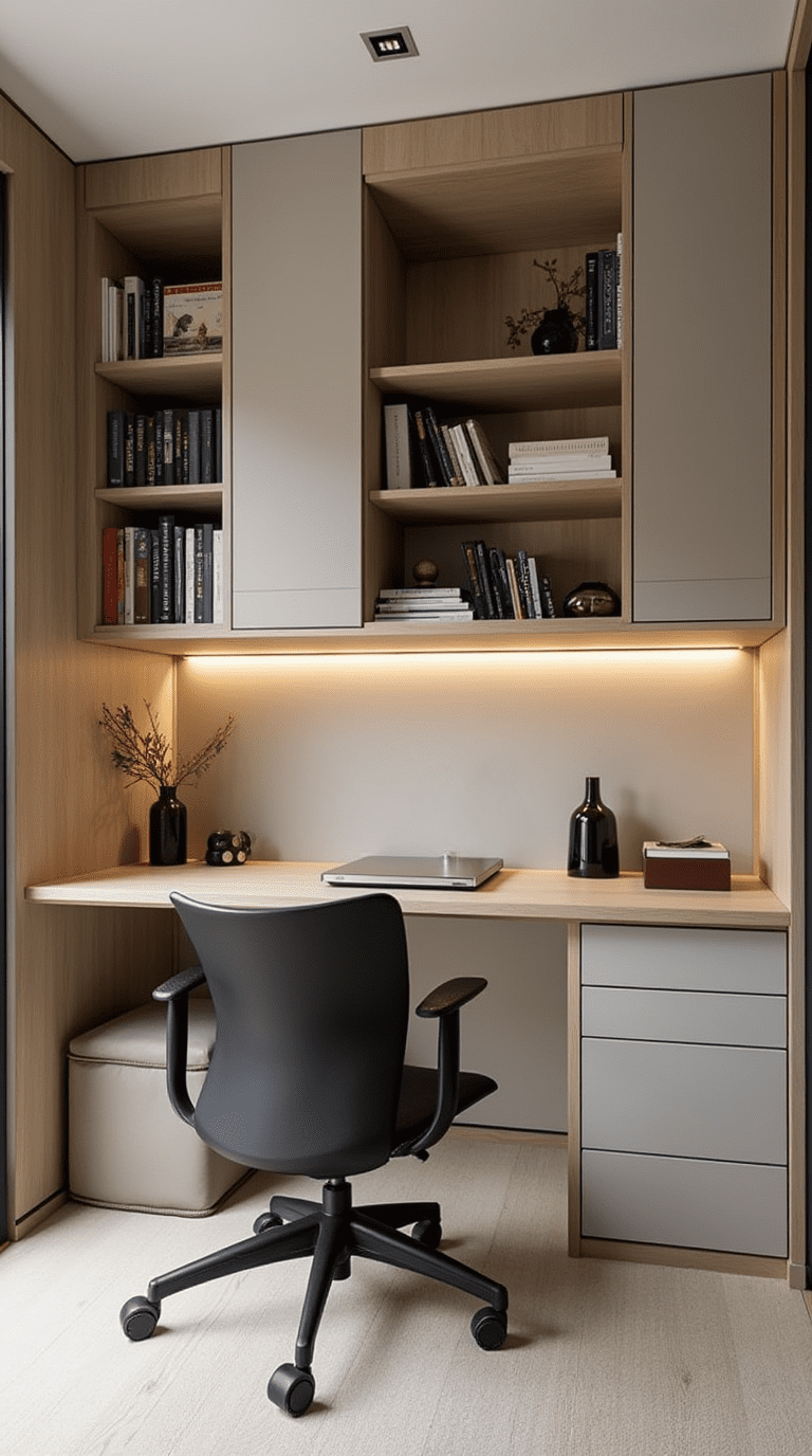Compact home office library with foldable desk and smart storage
