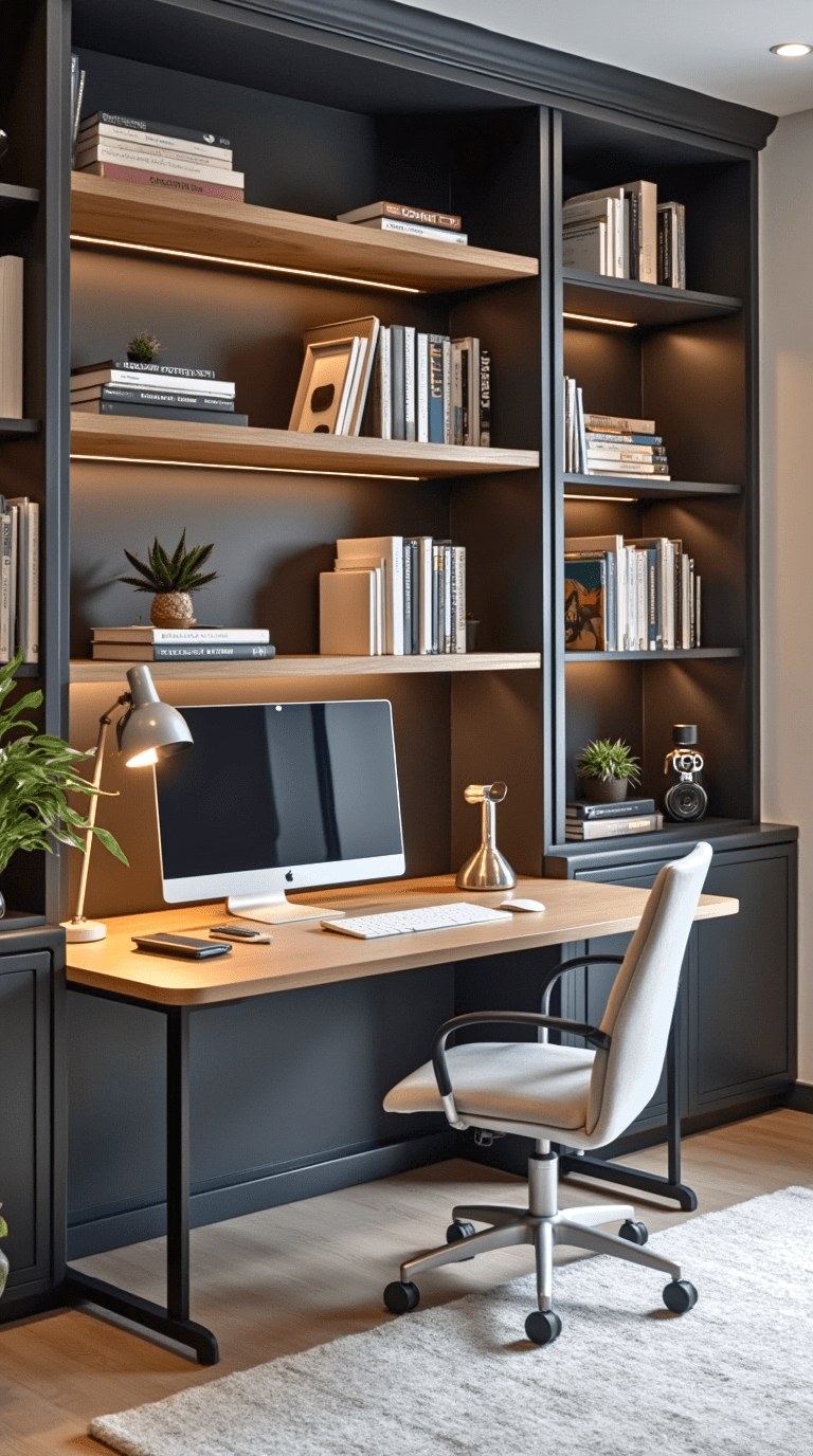 Contemporary home office library with smart technology integration