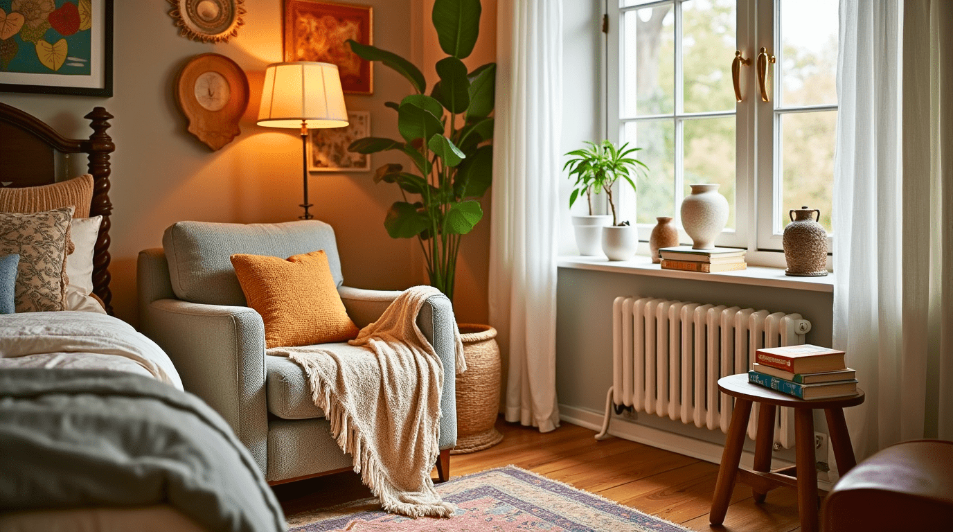 Cozy reading nook in a boho bedroom with an armchair and side table.