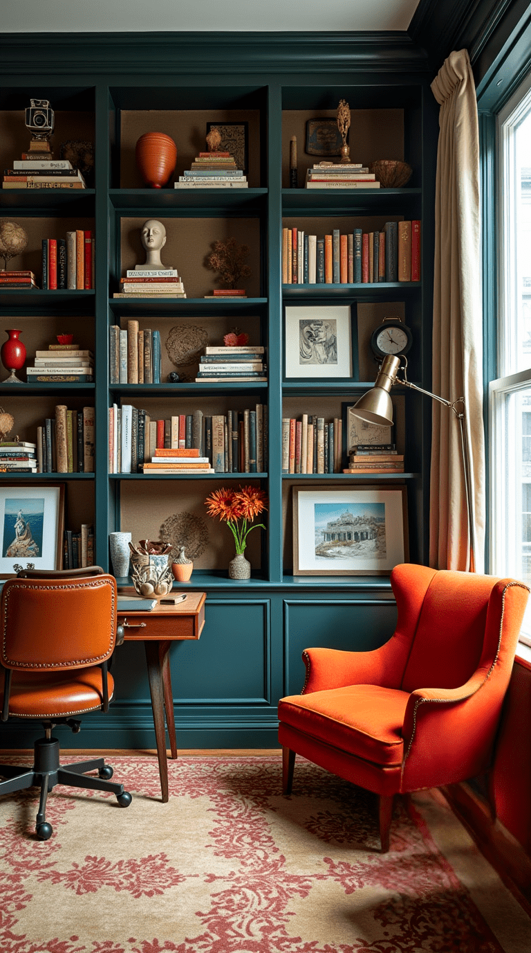 Eclectic home office library with a mix of vintage and modern décor