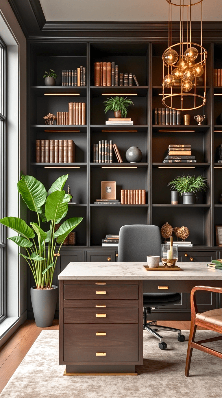 Home office library with built-in storage and custom shelving