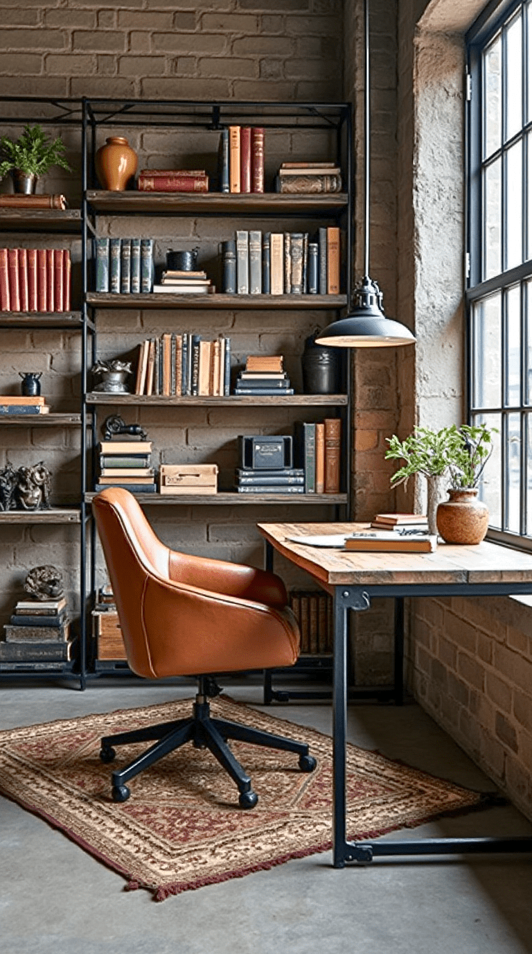 Industrial Style Home Office Library with Metal Accents