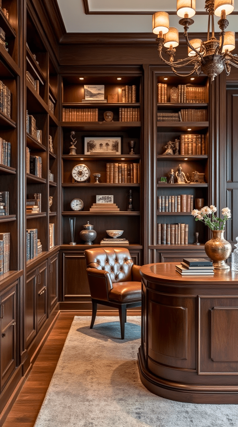 Luxe home office library featuring leather furniture and rich wood tones