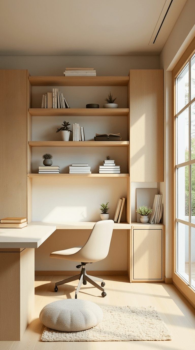 Minimalist zen home office library with serene décor and clean lines