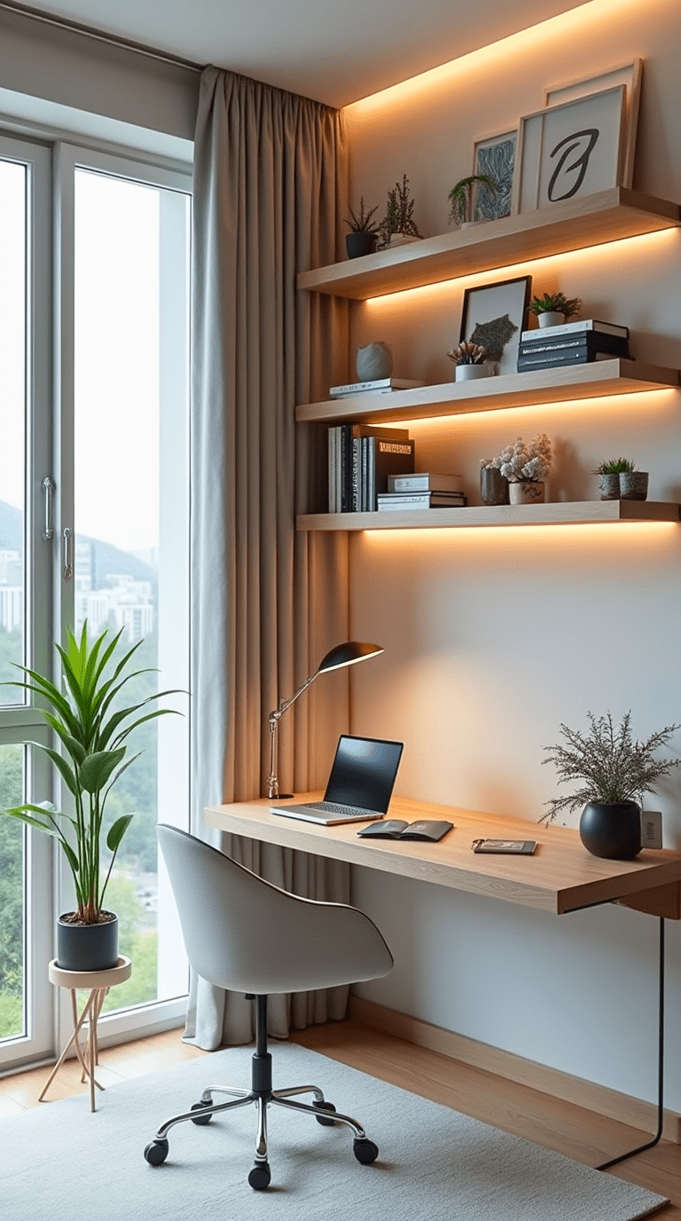 Modern Home Office with Floating Bookshelves