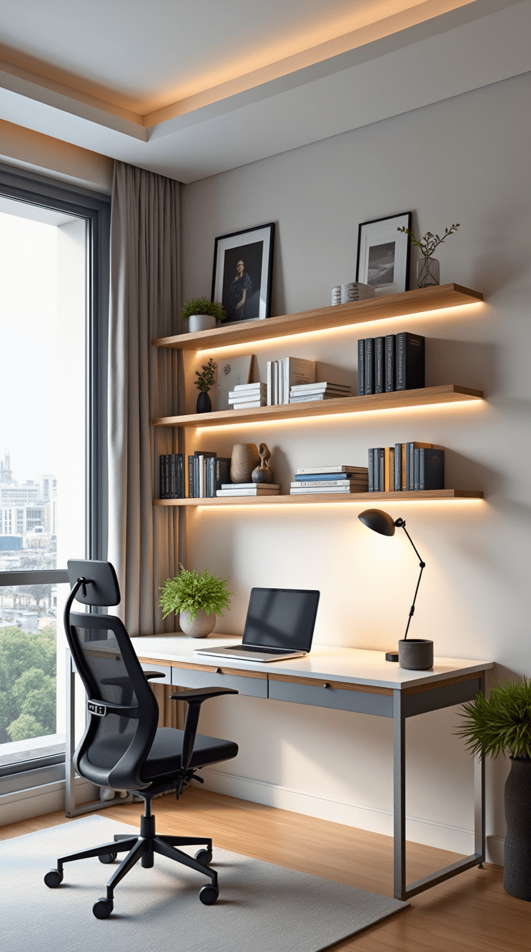 Modern Home Office with Floating Bookshelves-3