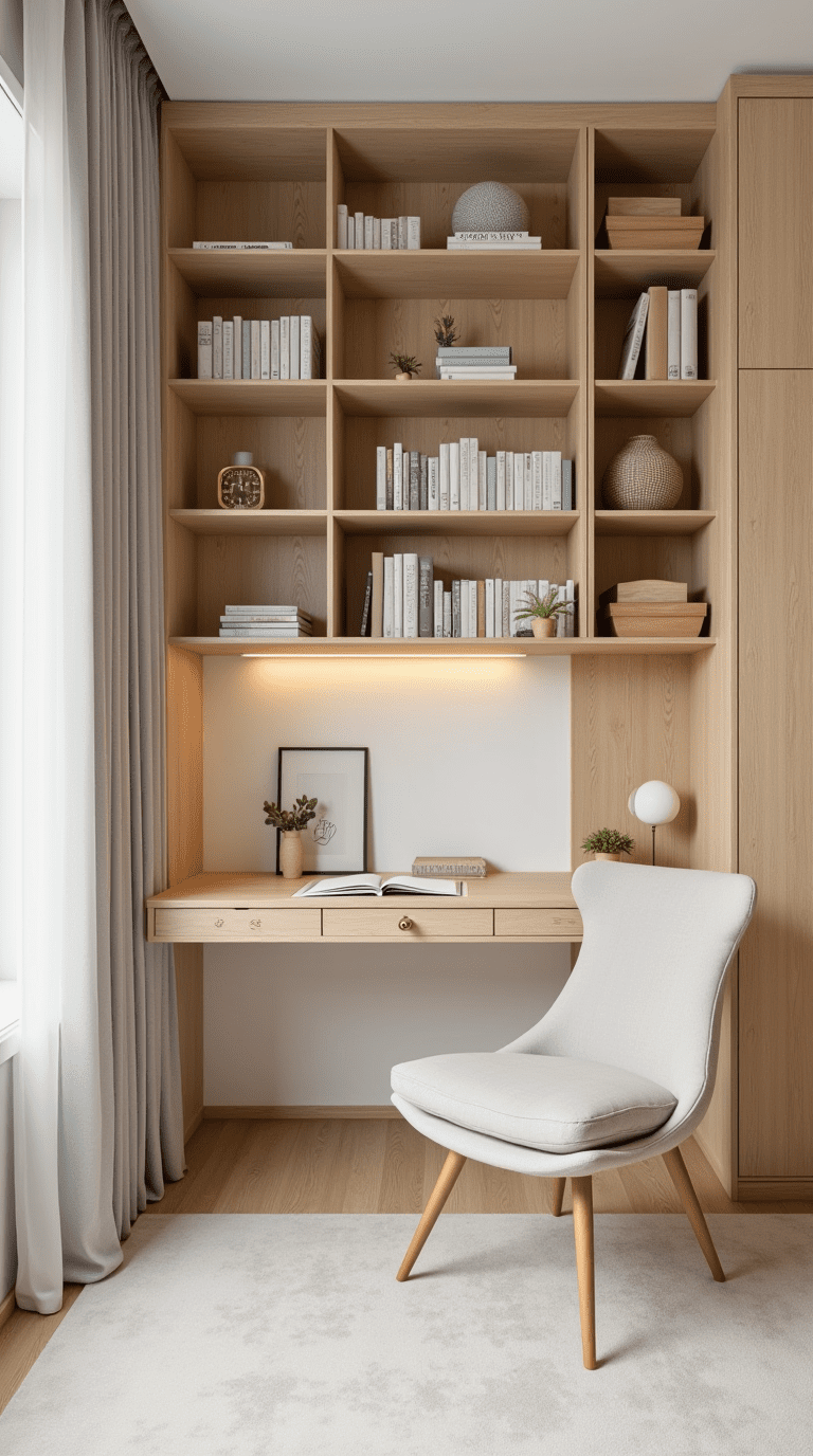 Scandinavian-inspired home office library with light wood and minimalist design