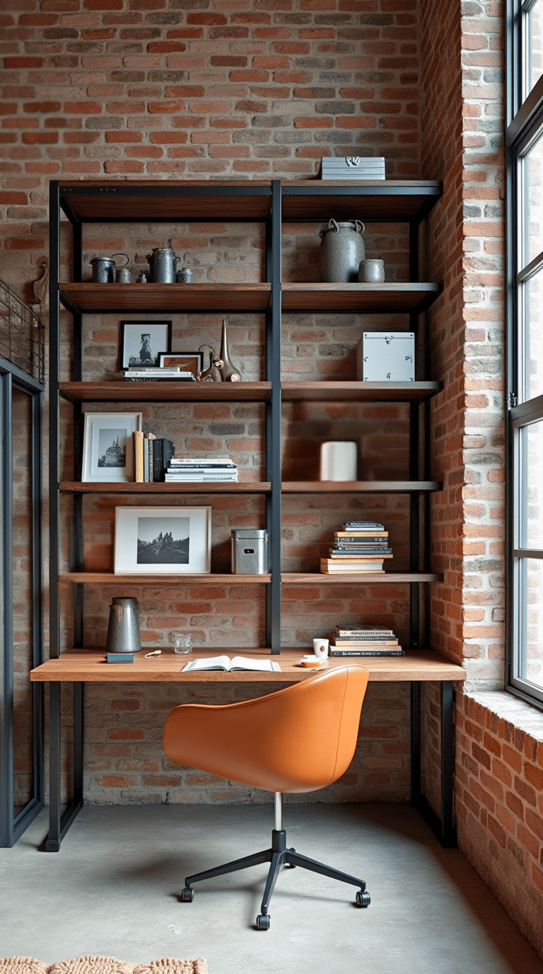 Urban loft home office library with industrial accents and open space