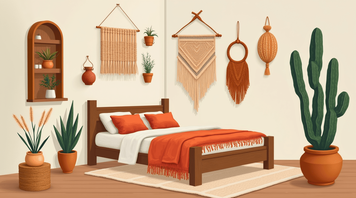 Boho bedroom with handcrafted woven wall hangings and artisanal decor.
