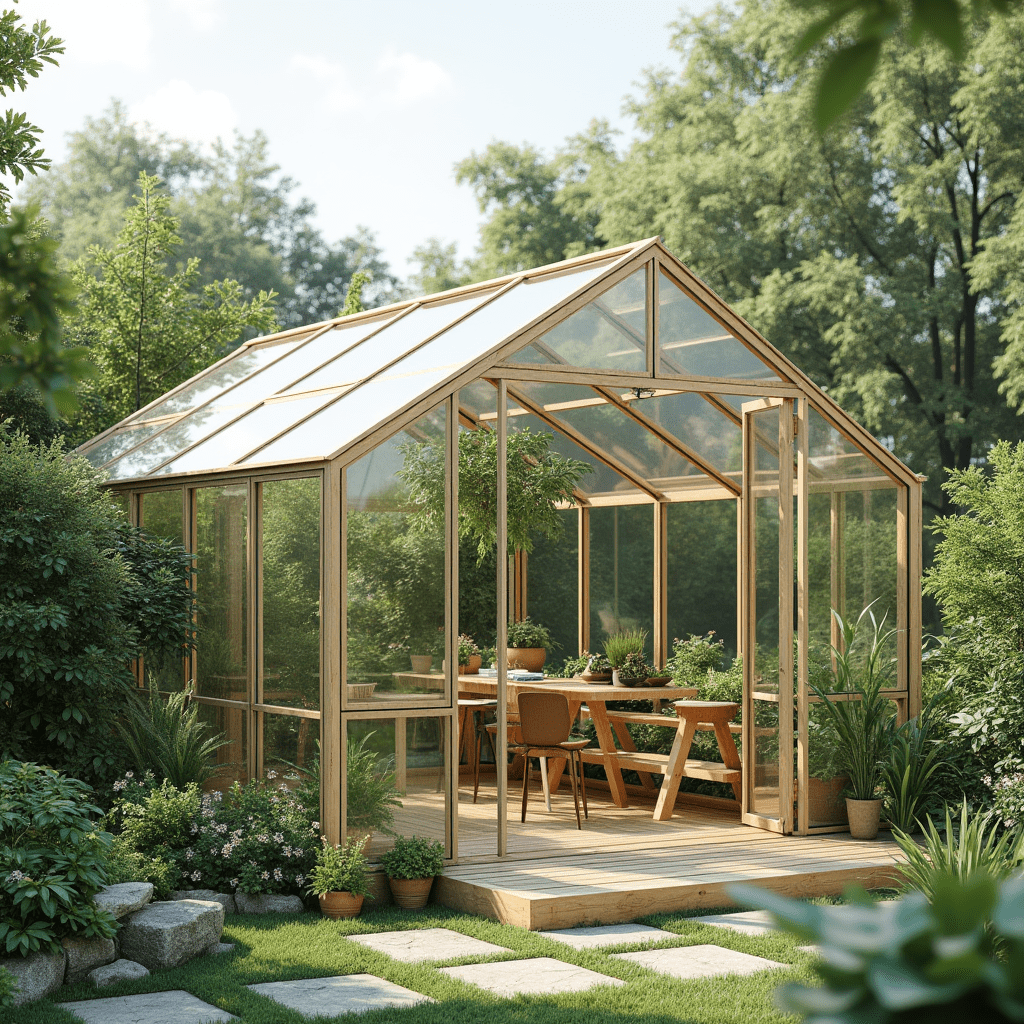 A creative diy greenhouse with clear glass panels located in a modern spacious garden a composition 5wqxlgkhzi8u6ov32vg5 3