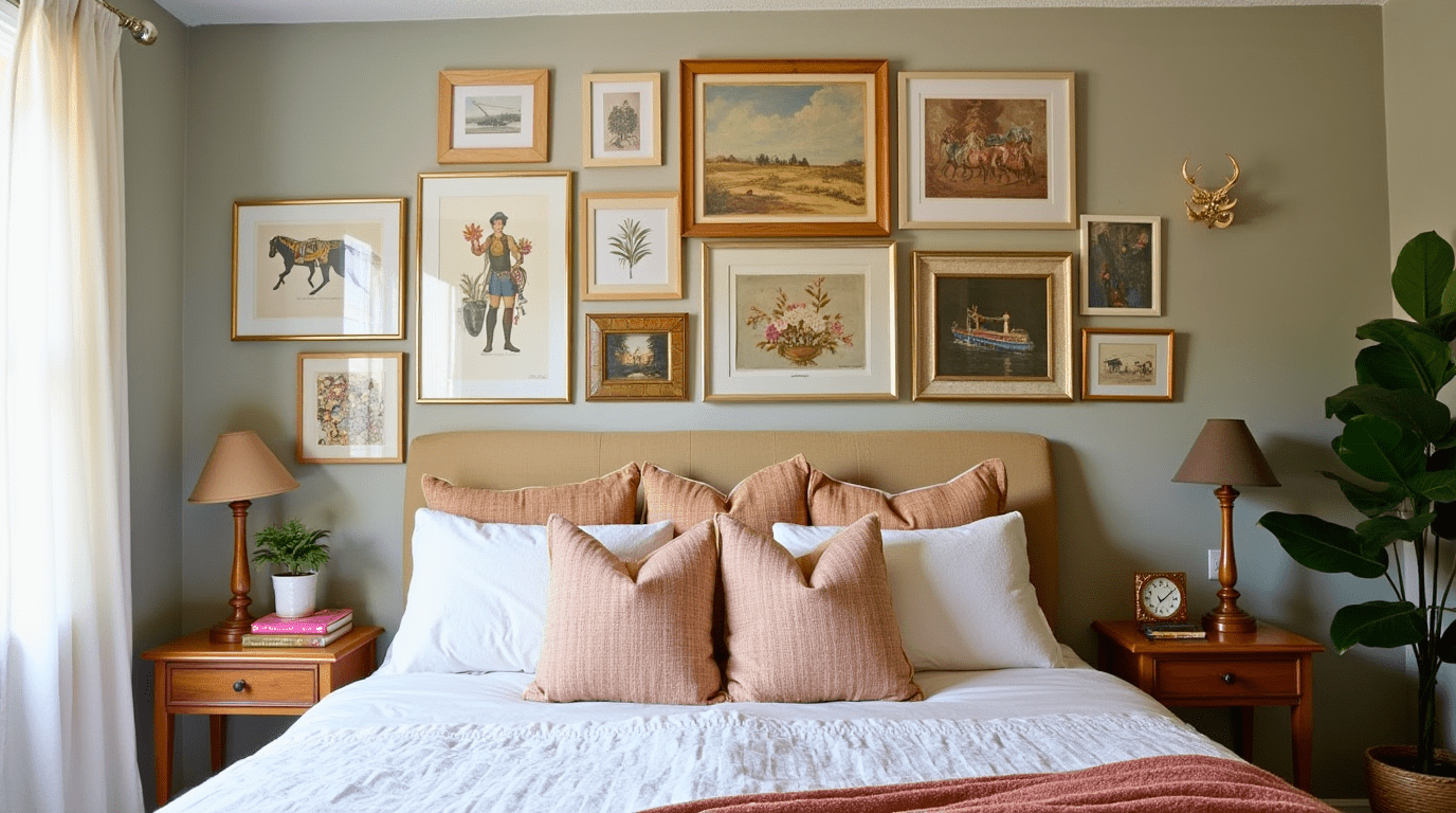 Eclectic gallery wall in a boho bedroom with vintage and modern art.