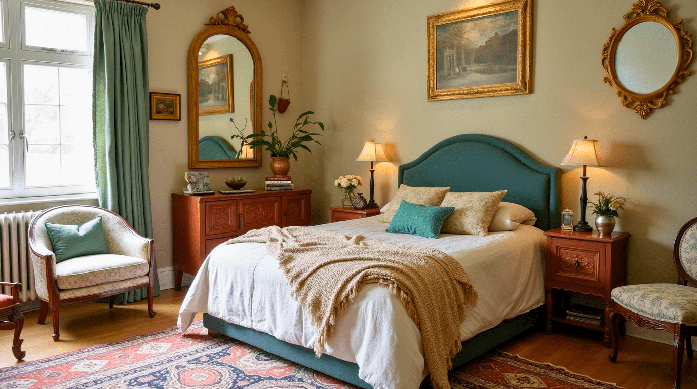 Boho bedroom with vintage decor elements like antique mirrors and retro furniture.