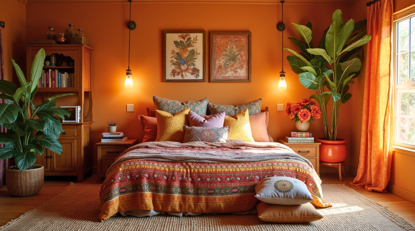 Boho bedroom with warm earthy tones, textured fabrics, and patterned pillows.