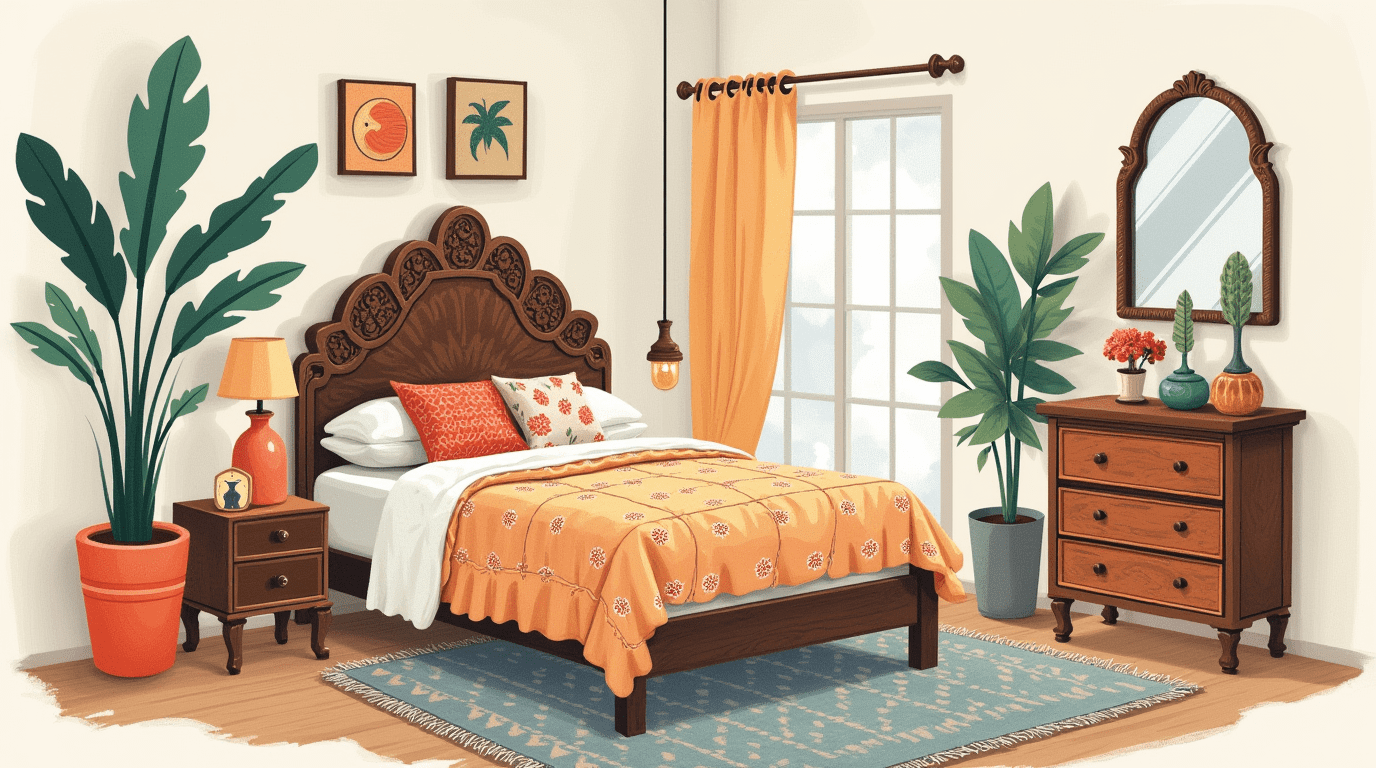 Boho bedroom with unique artistic furniture pieces like a hand-carved headboard.