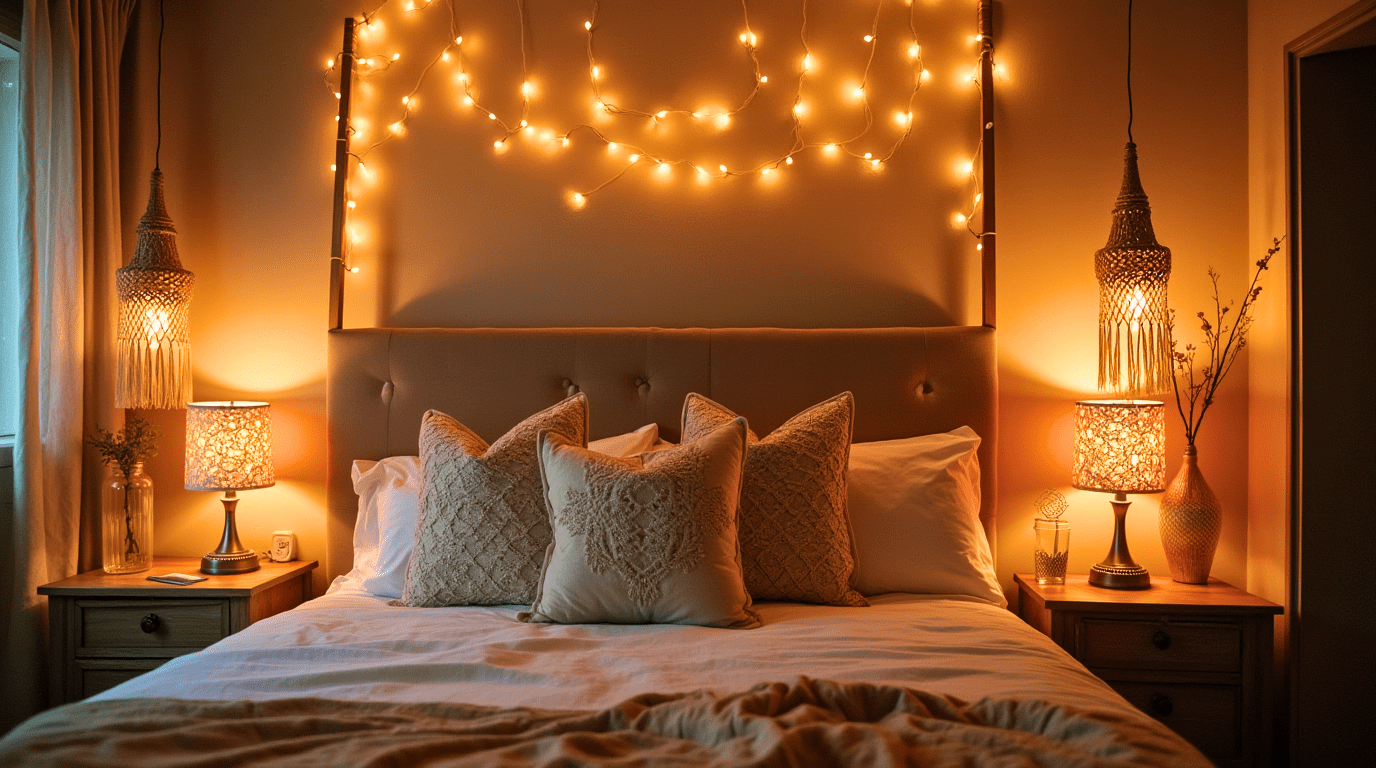 Boho bedroom with macrame lampshades, fairy lights, and ambient lighting.