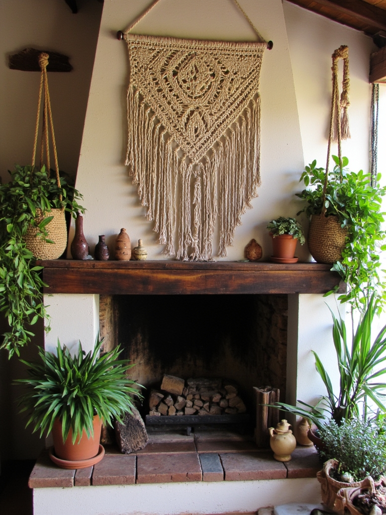 bohemian fireplace with plants