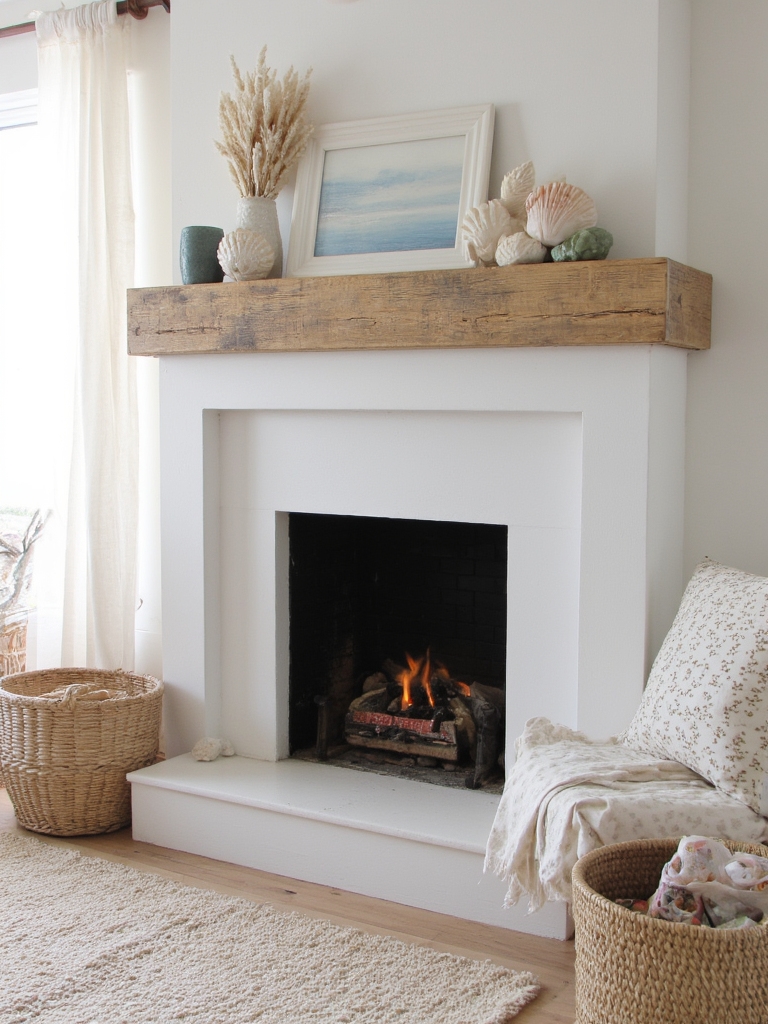 coastal fireplace with driftwood