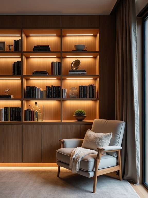 cozy illuminated built in bookshelves