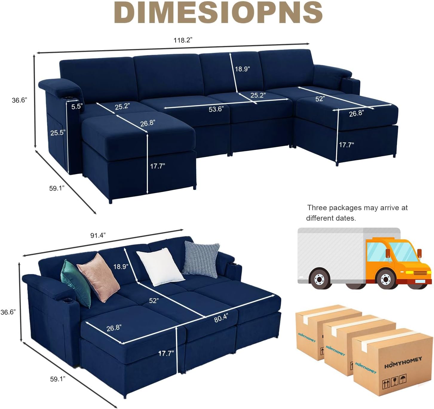 118.2" U Shaped Cloud Couch Modular Sectional Sofa