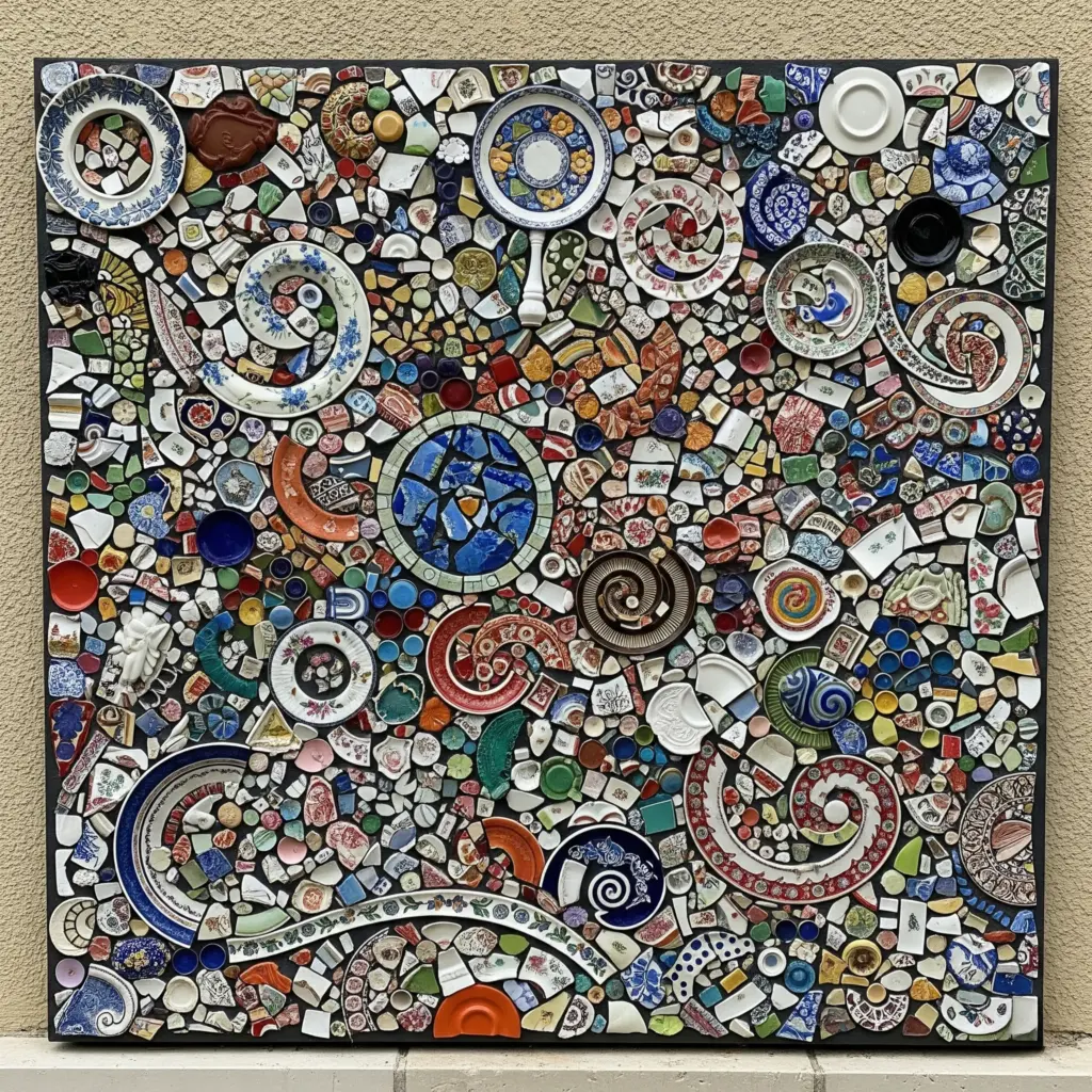 Colorful broken china mosaic collage