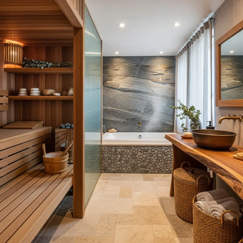 Earthy wood & stone surfaces