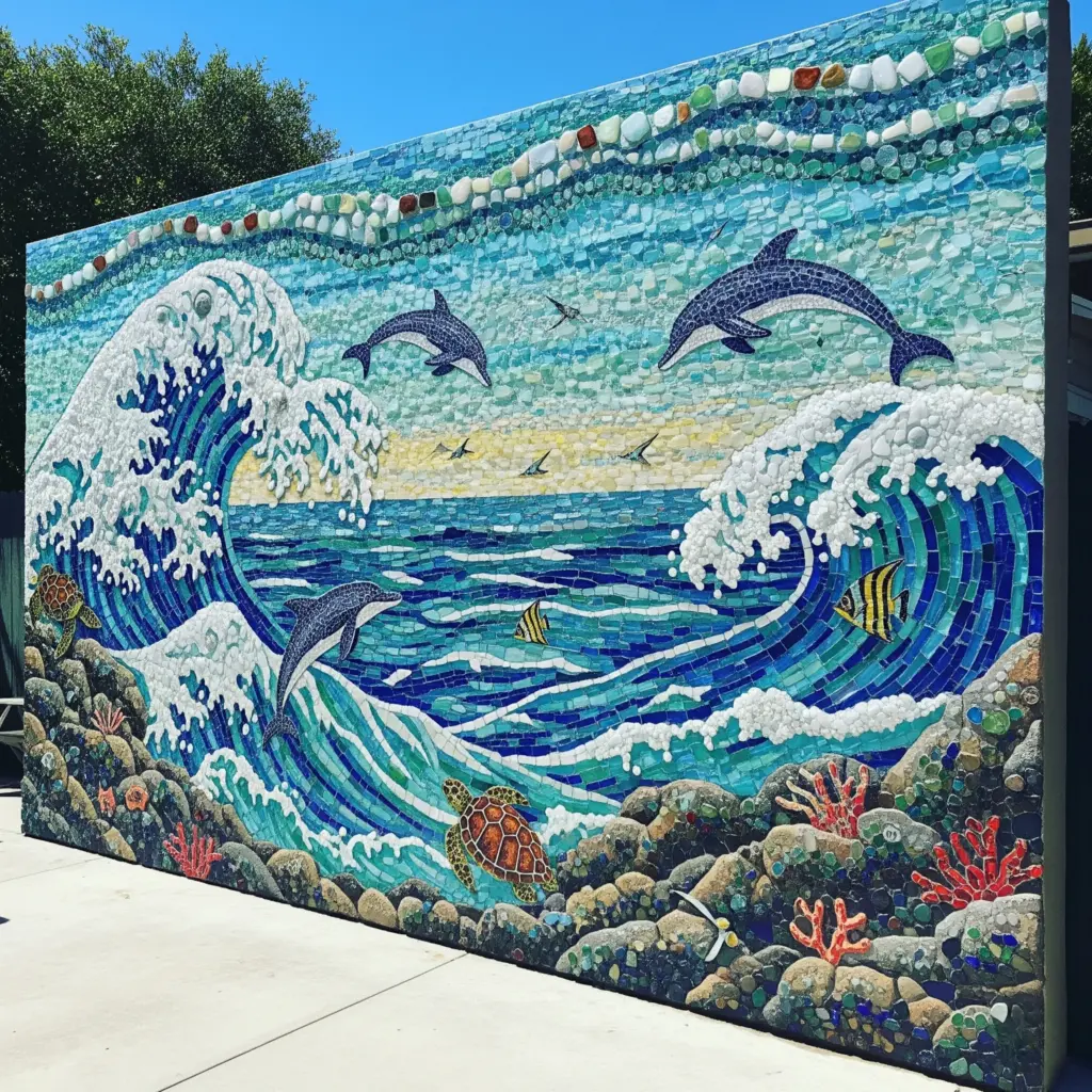 Sea themed mosaic mural with glass pieces