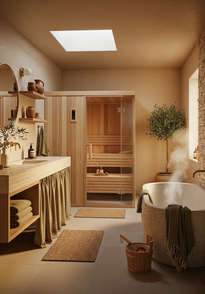 Serene earth toned sauna retreat