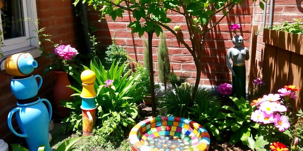 Colorful, whimsical garden art in a small urban space.