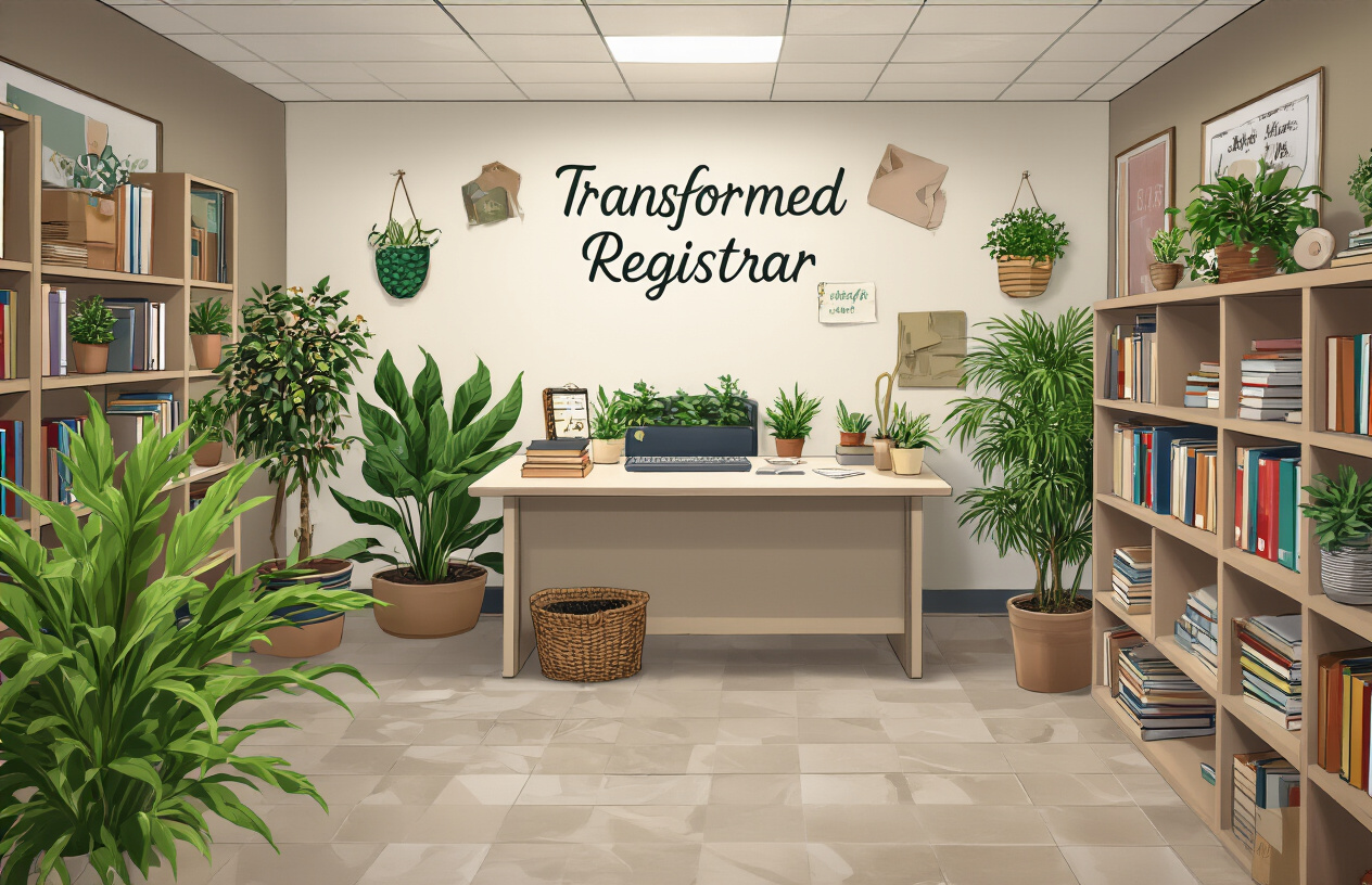 Create a realistic image of a transformed school registrar's office with budget-friendly decorations including potted plants, motivational wall quotes, organized bookshelves, and warm lighting, showing a clean desk with personalized accessories, creating an inviting and professional atmosphere.