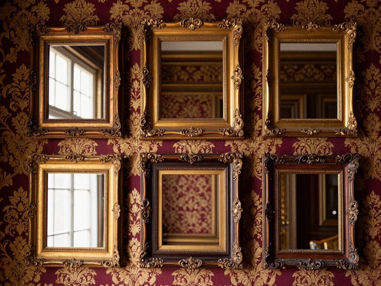 layered frames over damask wallpaper